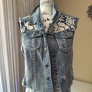 Rue21 Blue Denim Vest with White Lace Accents